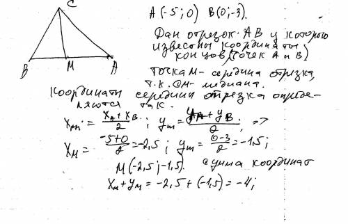 Втреугольнике авс кстороне ав проведена медиана см. найдите сумму координат точки м, если а(-5; 0), 