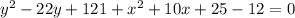 y^{2}-22y+121+x^{2}+10x+25-12=0