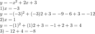  y=-x^2 +2x+3\\1)x=-3\\ y=-(-3)^2 +(-3)2+3=-9-6+3=-12\\2)x=1\\ y=-(1)^2 +(1)2+3=-1+2+3=4\\3)-12+4=-8