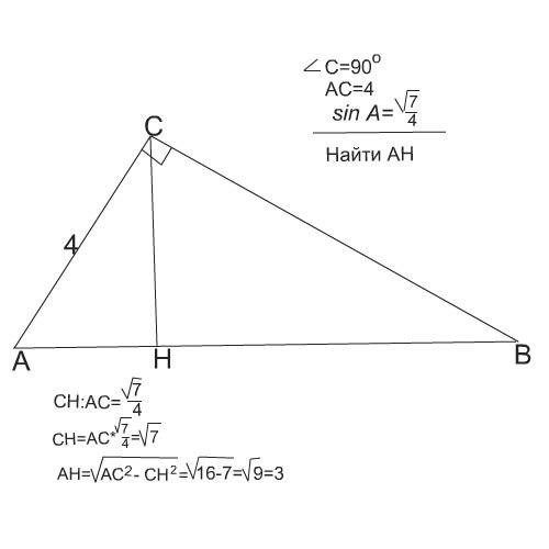 Втреугольнике abc угол c = 90 градусов,ch высота,ac=4,sina=корень 7/4. найдите ah