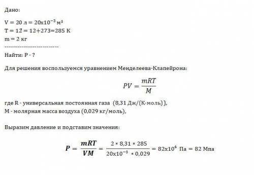 Каково давление сжатого воздуха, находящегося в емкостью 20 литров при 12 градусах цельсия, если мас