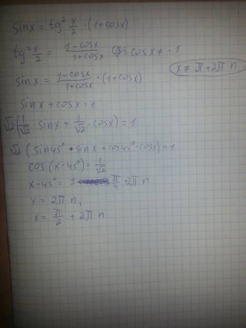 Решить уравнение sinx=tg^2*x/2(1+cosx)