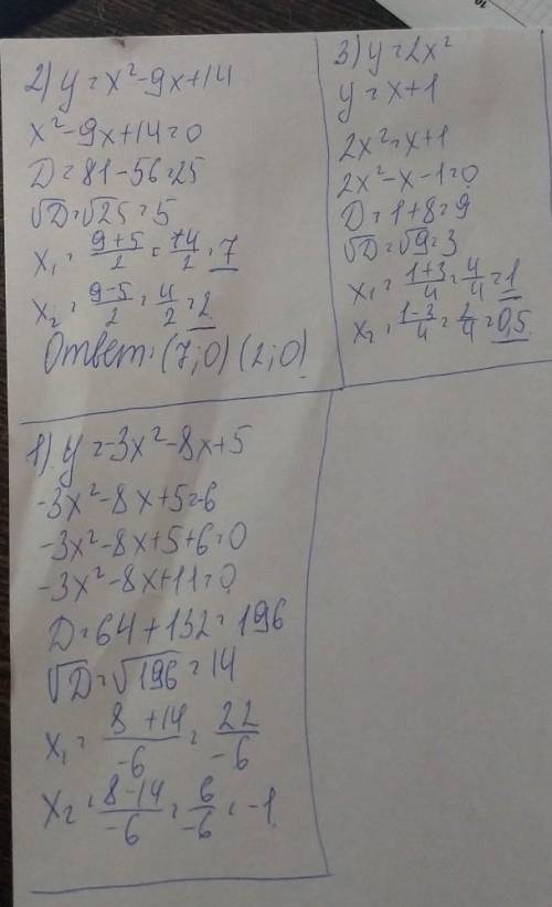 Решить и расписать действия ~~~~~~~~~~~~~~1.при каких значениях y=-3x²-8x+5 принимает значение равно