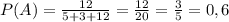 P(A)=\frac{12}{5+3+12}=\frac{12}{20}=\frac{3}{5}=0,6