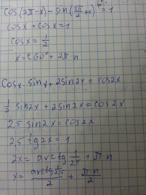 Срешением тригонометрических уравнений а) cos (2π – x) – sin (3π/2 + x) = 1 б) sin x cos x + 2 sin2 