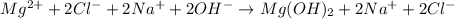 Mg^{2+} + 2Cl^- + 2Na^+ + 2OH^- \to Mg(OH)_2 + 2Na^+ + 2Cl^-