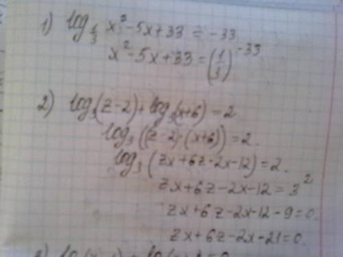 1)log1/3(x^2-5x+33)=-33 2)log3(z-2)+log3(x+6)=2 3)lg(x-1)+lg(x+1)=0 4)lg(3x-1)-lg(x+5)=lg5 5)log3(x^