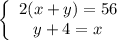 \left\{\begin{array}c 2(x+y)=56\\y+4=x\end{array}\end.