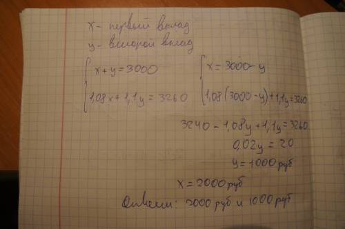 Клиент внес 3000рублей на два вклада,один из которых дает годовой доход,равный 8%,а другой-10%.через