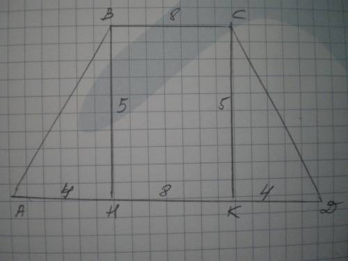 Основи рівнобічної трапеції дорівнюють 16см і 8см а висота 5см. знайти периметр трапеції