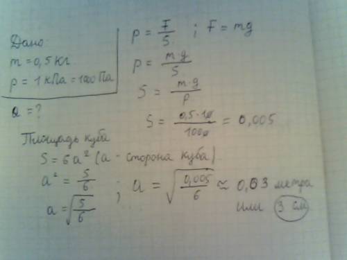 Найдите длину ребра куба с массой 500 грамм давление каторое оказывает на горизонтальную поверхность