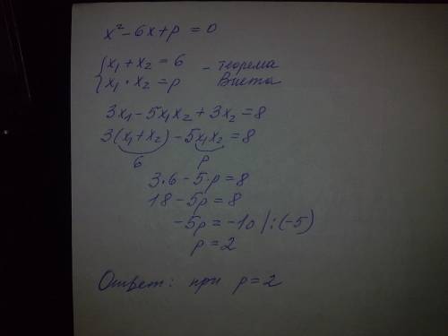 При каком значении p корни квадратного уравнения x^2-6x+p=0 удовлетворяют условию 3x1-5x1x2+3x2=8 ?