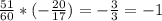 \frac{51}{60} * (-\frac{20}{17}) = -\frac{3}{3} = -1