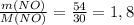 \frac{m(NO)}{M(NO)}= \frac{54}{30}= 1,8