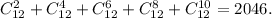 C_{12}^{2}+C_{12}^{4}+C_{12}^{6}+C_{12}^{8}+C_{12}^{10} = 2046.