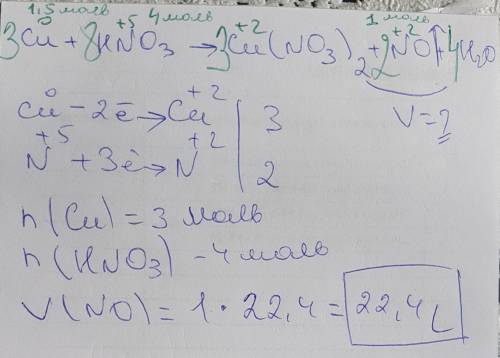 3cu+8hno3=3cu(no3)2+2no+4h2on(cu)-3 мольn(hno3)-4мольv(газ)-? ​