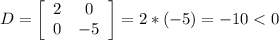 D= \left[\begin{array}{ccc}2&0\\0&-5\\\end{array}\right] = 2*(-5)=-10<0