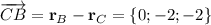 \overrightarrow{CB} = \textbf{r}_B - \textbf{r}_C = \{ 0; -2; -2 \}