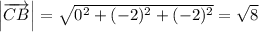 \left|\overrightarrow{CB}\right| = \sqrt{0^2+(-2)^2+(-2)^2} = \sqrt{8}