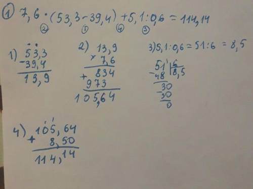 1)7,6*(53,3-39,4)+5,1: 0,6= 2)4 1/6*0,6+6 2/5: 1 1/7-6,7=