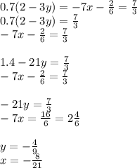 0.7(2 - 3y) = - 7x - \frac{2}{6} = \frac{7}{3} \\ 0.7(2 - 3y) = \frac{7}{3} \\ - 7x - \frac{2}{6} = \frac{7}{3} \\ \\ 1.4 - 21y = \frac{7}{3} \\ - 7x - \frac{2}{6} = \frac{7}{3} \\ \\ - 21y = \frac{7}{ 3} \\ - 7x = \frac{16}{6} = 2 \frac{4}{6} \\ \\ y = - \frac{4}{9} \\ x = - \frac{8}{21}