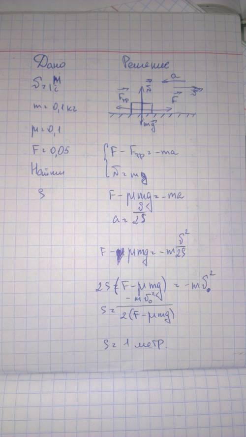 Тело массой 100г. движется со скоростью 1 м/с по шероховатой поверхности с коэффицентом трения 0.1. 