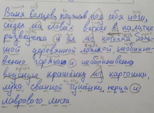 Морфологический разбор предложения: ваня солнцев,поджав под себя босые ноги, сидел на еловых ветках