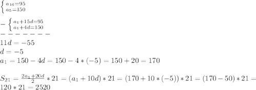 \left \{ {{a_{16}=95 } \atop {a_{5}=150} \right. \\\\-\left \{ {{a_{1}+15d=95 } \atop {a_{1}+4d=150 }} \right.\\ -------\\11d=-55\\d=-5\\a_{1} =150-4d=150-4*(-5)=150+20=170\\\\S_{21}=\frac{2a_{1}+20d }{2}*21=(a_{1}+10d)*21=(170+10*(-5))*21=(170-50)*21=120*21=2520