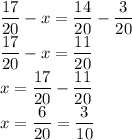 \dfrac{17}{20}-x=\dfrac{14}{20}-\dfrac3{20}\\\dfrac{17}{20}-x=\dfrac{11}{20}\\x=\dfrac{17}{20}-\dfrac{11}{20}\\x=\dfrac{6}{20}=\dfrac3{10}