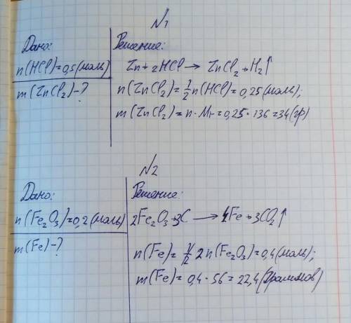 1. сколько г. хлорида цинка можно получить, имея 0,5 моль соляной кислоты? 2. вычислите массу железа