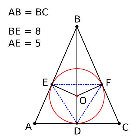 Вравнобедренном треугольнике abc(ab = bc) боковая сторона делится точкой касания вписанной окружност