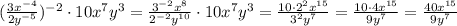 (\frac{3x^{-4}}{2y^{-5}})^{-2}\cdot10x^7y^3=\frac{3^{-2}x^8}{2^{-2}y^{10}}\cdot10x^7y^3=\frac{10\cdot2^2x^{15}}{3^2y^7}=\frac{10\cdot4x^{15}}{9y^7}=\frac{40x^{15}}{9y^7}