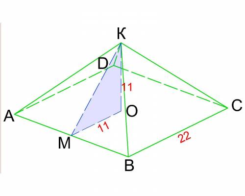 75 ! ! высота правильной четырёхугольной пирамиды равна 11 см, а сторона основания равна 22 см. вычи