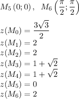 \displaystyle M_5\left(0;0\right),\;\;M_6\left({\pi\over2};{\pi\over2}\right)\\\\ z(M_0)={3\sqrt{3}\over2}\\ z(M_1)=2 \\ z(M_2)=2 \\ z(M_3)=1+\sqrt{2} \\ z(M_4)=1+\sqrt{2} \\ z(M_5)=0 \\ z(M_6)=2 \\