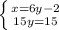 \left \{ {{x=6y-2} \atop {15y=15}} \right.