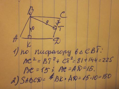 Впараллелограмме abcd, bk и bt - высоты. точки k и t принадлежат сторонам ad и dc,bk=10 cm, bt=9cm,t