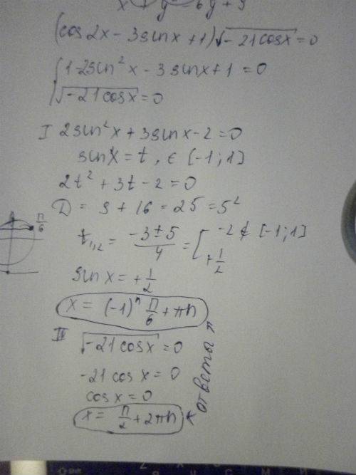 1) (cos2x-3sinx+1)√-21cosx=0 2) (2cos2x-4sinx+1)√-62cosx=0 3) 3cos^2x+2cosx/2tg-3=0