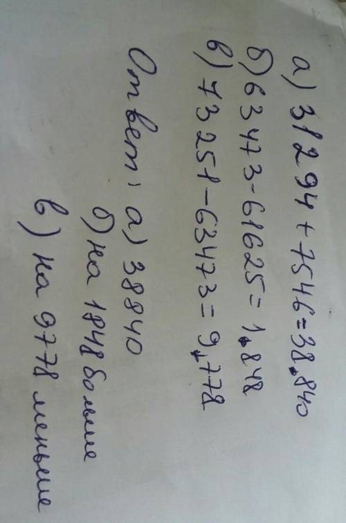 А) найдите число, большее числа 31 294 на 7546.б) на сколько число 63 473 больше числа 61 625? в) на