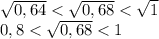 \sqrt{0,64} < \sqrt{0,68} < \sqrt{1}\\0,8 < \sqrt{0,68} < 1