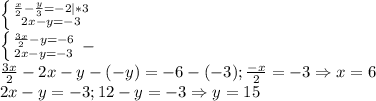 \left \{ {{\frac{x}{2}-\frac{y}{3}=-2|*3} \atop {2x-y=-3}} \right. \\\left \{ {{\frac{3x}{2}-y=-6} \atop {2x-y=-3}} \right. -\\\frac{3x}{2}-2x-y-(-y)=-6-(-3);\frac{-x}{2}=-3\Rightarrow x=6\\2x-y=-3;12-y=-3\Rightarrow y=15