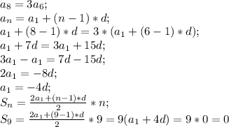 a_8=3a_6;\\ a_n=a_1+(n-1)*d;\\ a_1+(8-1)*d=3*(a_1+(6-1)*d);\\ a_1+7d=3a_1+15d;\\ 3a_1-a_1=7d-15d;\\ 2a_1=-8d;\\ a_1=-4d;\\ S_n=\frac{2a_1+(n-1)*d}{2}*n;\\ S_9=\frac{2a_1+(9-1)*d}{2}*9=9(a_1+4d)=9*0=0