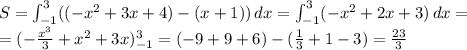 S=\int_{-1}^3 ((-x^2+3x+4)-(x+1))\, dx=\int_{-1}^3 (-x^2+2x+3)\, dx=\\=(-\frac{x^3}3+x^2+3x)_{-1}^3=(-9+9+6)-(\frac13+1-3)=\frac{23}3