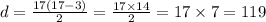 d = \frac{17(17 - 3)}{2} = \frac{17 \times 14}{2} = 17 \times 7 = 119