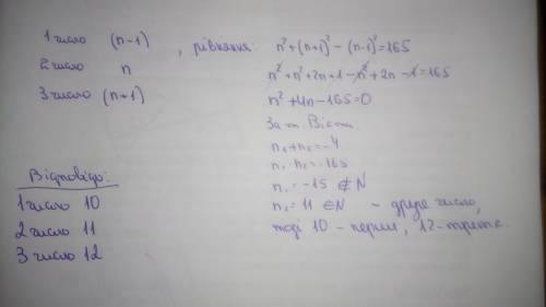 Ть будь ласка. 1) знайдіть три послідовних натуральних числа, якщо квадрат меншого з них на 165 менш