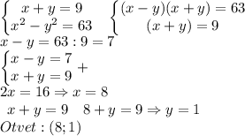\begin{matrix}\begin{Bmatrix}x+y=9\\x^2-y^2=63\end{matrix}&\begin{Bmatrix}(x-y)(x+y)=63\\(x+y)=9\end{matrix} \end{matrix}\\x-y=63:9=7\\\begin{Bmatrix}x-y=7\\x+y=9\end{matrix} +\\2x=16\Rightarrow x=8\\\begin{matrix}x+y=9&8+y=9\Rightarrow y=1\end{matrix}\\Otvet:(8;1)