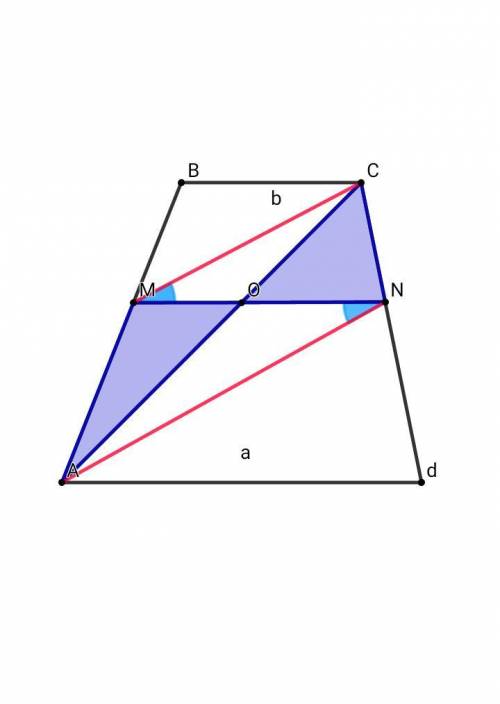Дана трапеция abcd с основаниями ad и bc. точки m и n лежат на сторонах ab и cd соответственно, прич