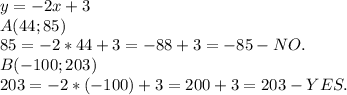 y=-2x+3\\A(44;85)\\85=-2*44+3=-88+3=-85-NO.\\B(-100;203)\\203=-2*(-100)+3=200+3=203-YES.