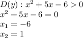 D(y): x^{2} + 5x - 6 0\\x^{2} + 5x - 6 = 0\\x_{1} = -6 \\x_{2} = 1\\
