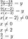 \frac{9x-18}{x^{2}-2x} =y\\\frac{9(x-2)}{x(x-2)} =y\\x(x-2)\neq 0\\x\neq 0\\x\neq 2\\\frac{9}{x} =y\\