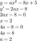 y=ax^2-8x+5\\ y'=2ax-8\\ 2ax-8=0\\ x=2\\ 4a-8=0\\ 4a=8\\ a=2\\